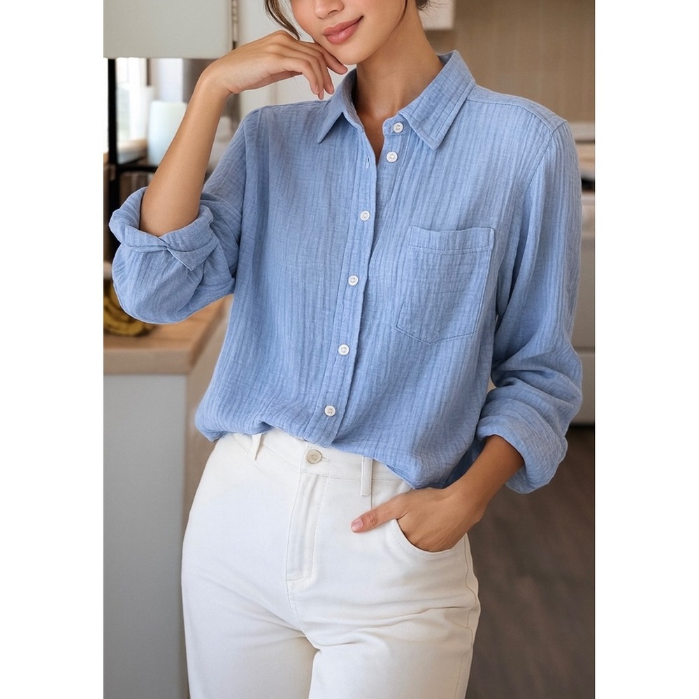 J.Crew Women's Crinkle Gauze Button-Down Shirt Light Blue Long Sleeve Top Size S